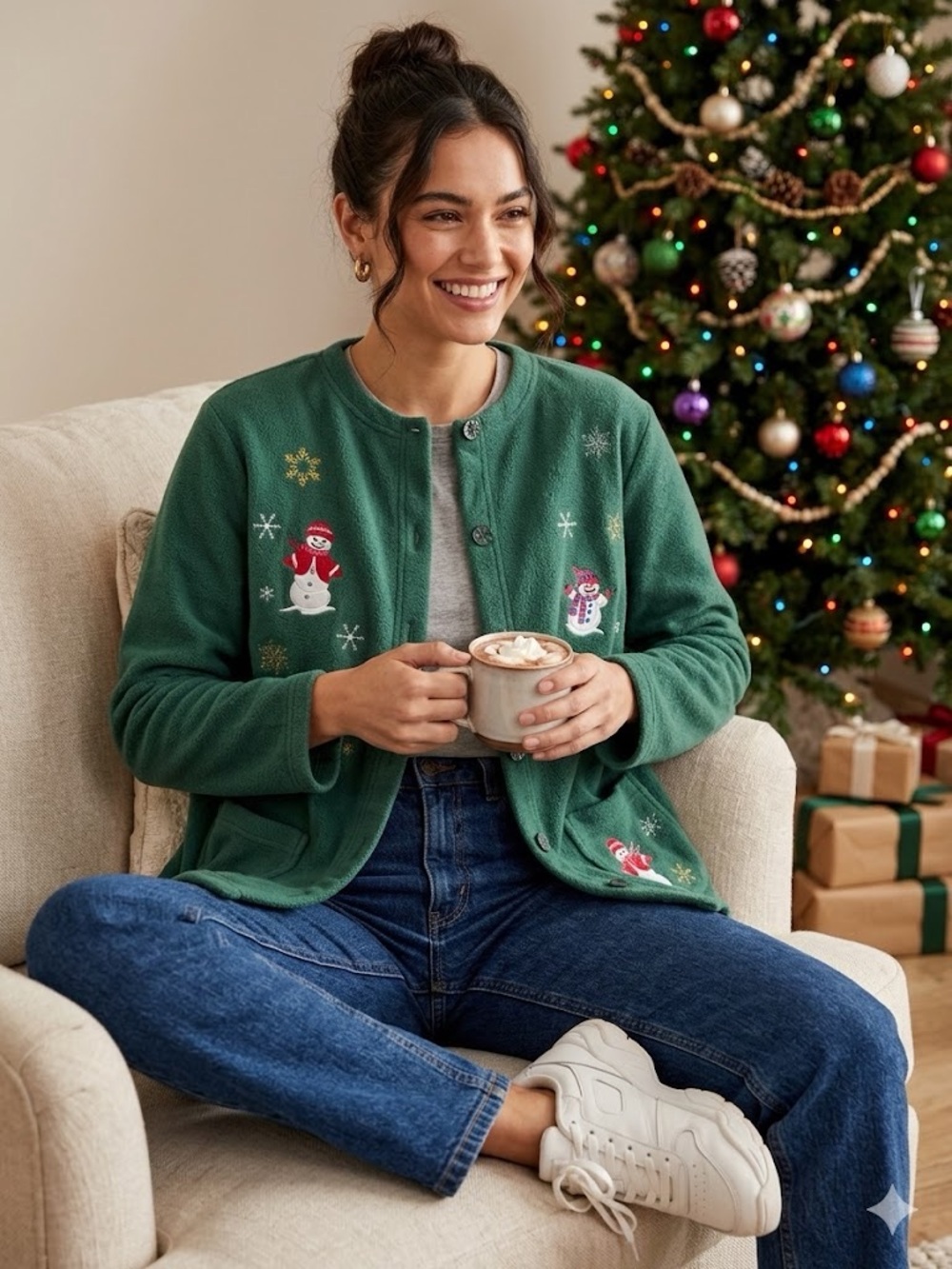 Bobbie Brooks Vintage 90s Green Holiday Grandma Ugly Christmas Sweater Cardigan
